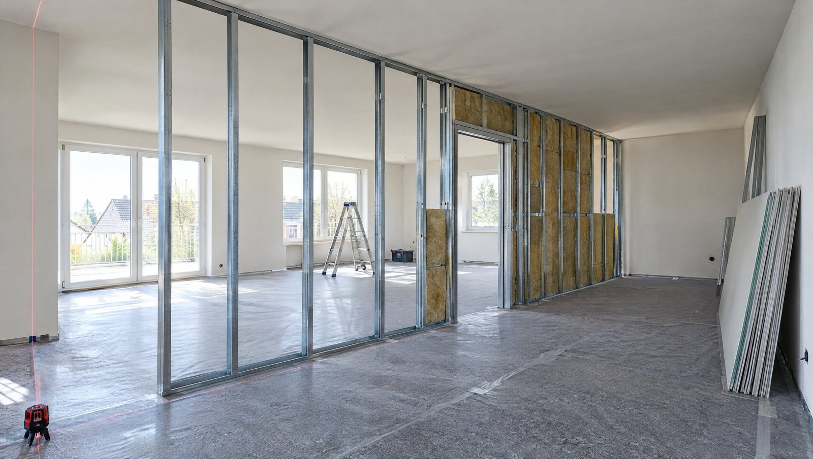Neues Metallständerwerk mit Türöffnung teilt einen großen Raum