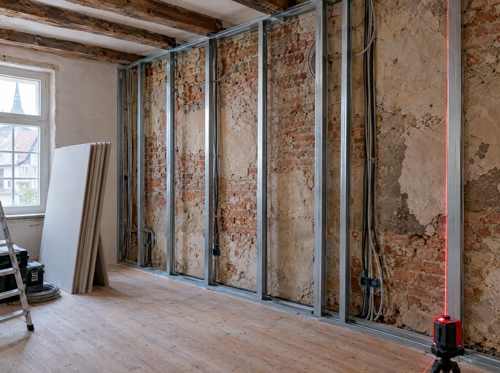 Vorsatzschale aus Metallständerwerk vor unebenem Altbau-Mauerwerk