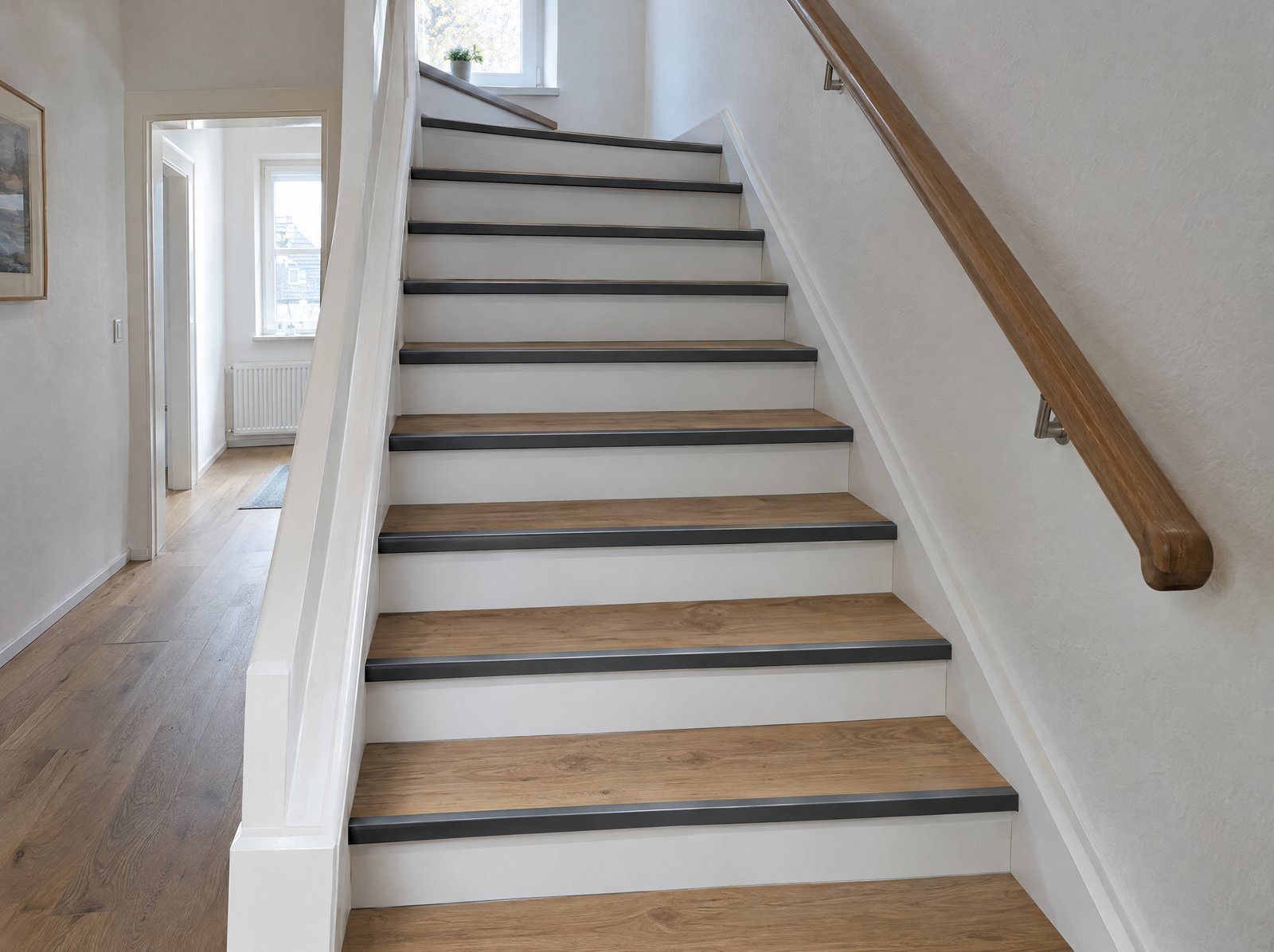 Treppe mit Vinyl-Trittstufen und Kantenprofilen belegt