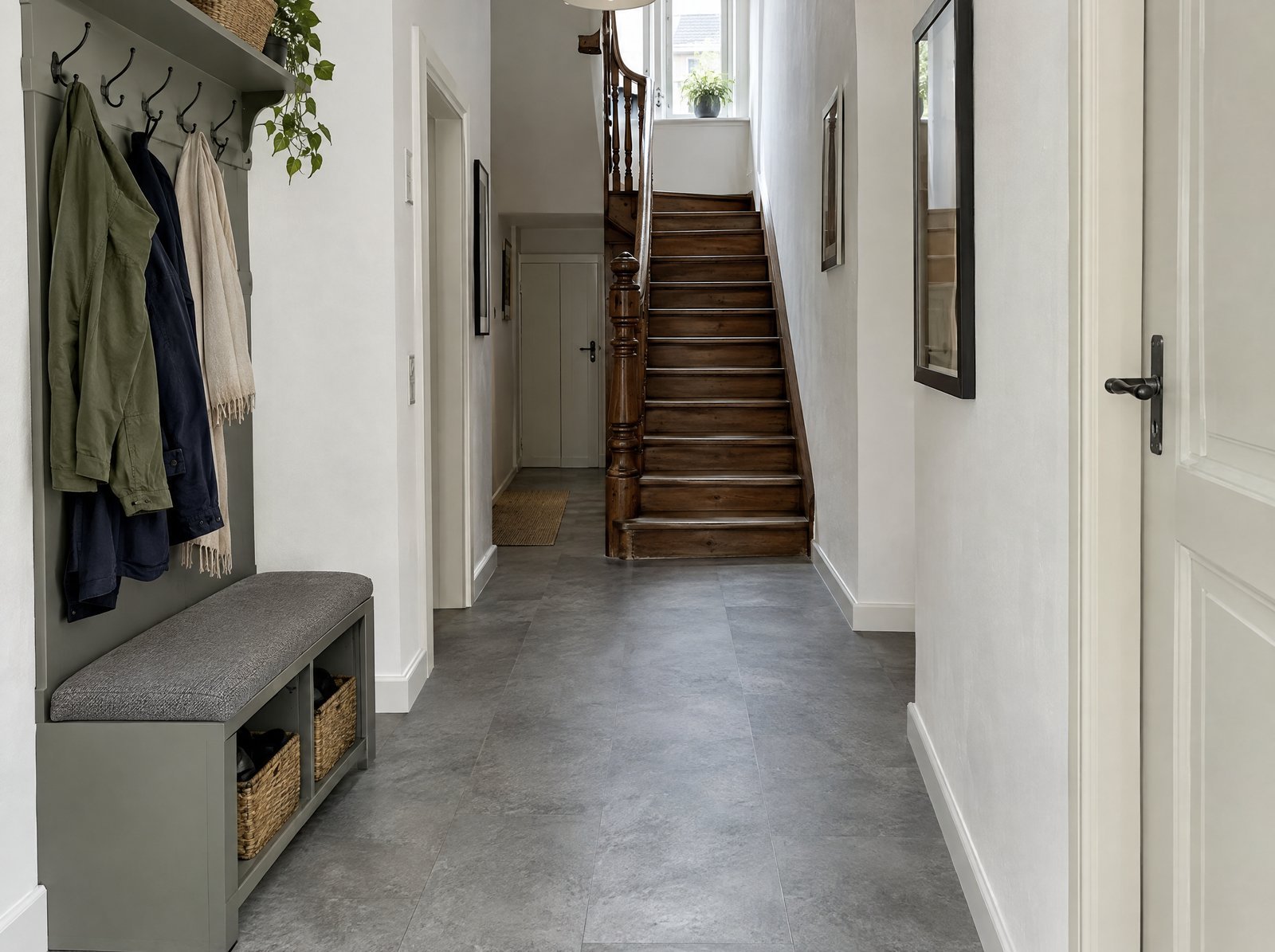 Flur im Altbau mit strapazierfähigem Vinylboden in Steinoptik
