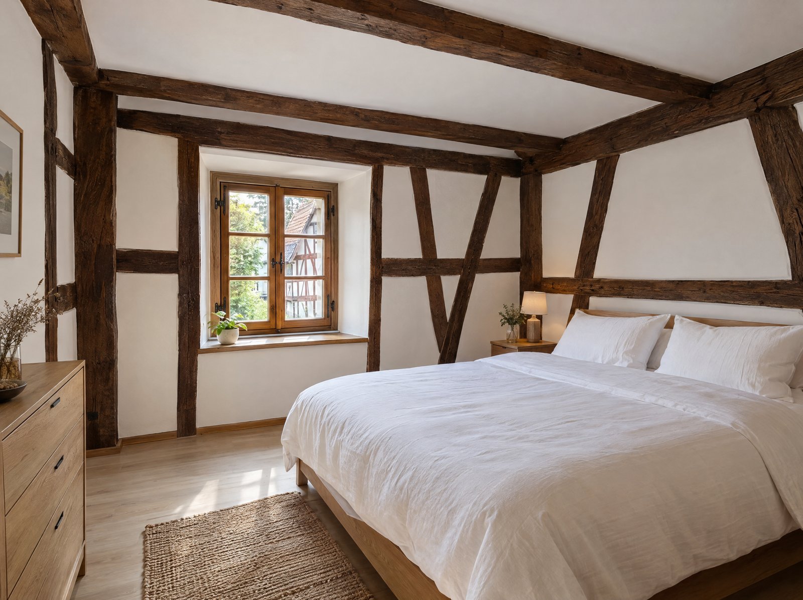 Ferienwohnung im Fachwerkhaus mit glatten Trockenbauflächen zwischen den Balken