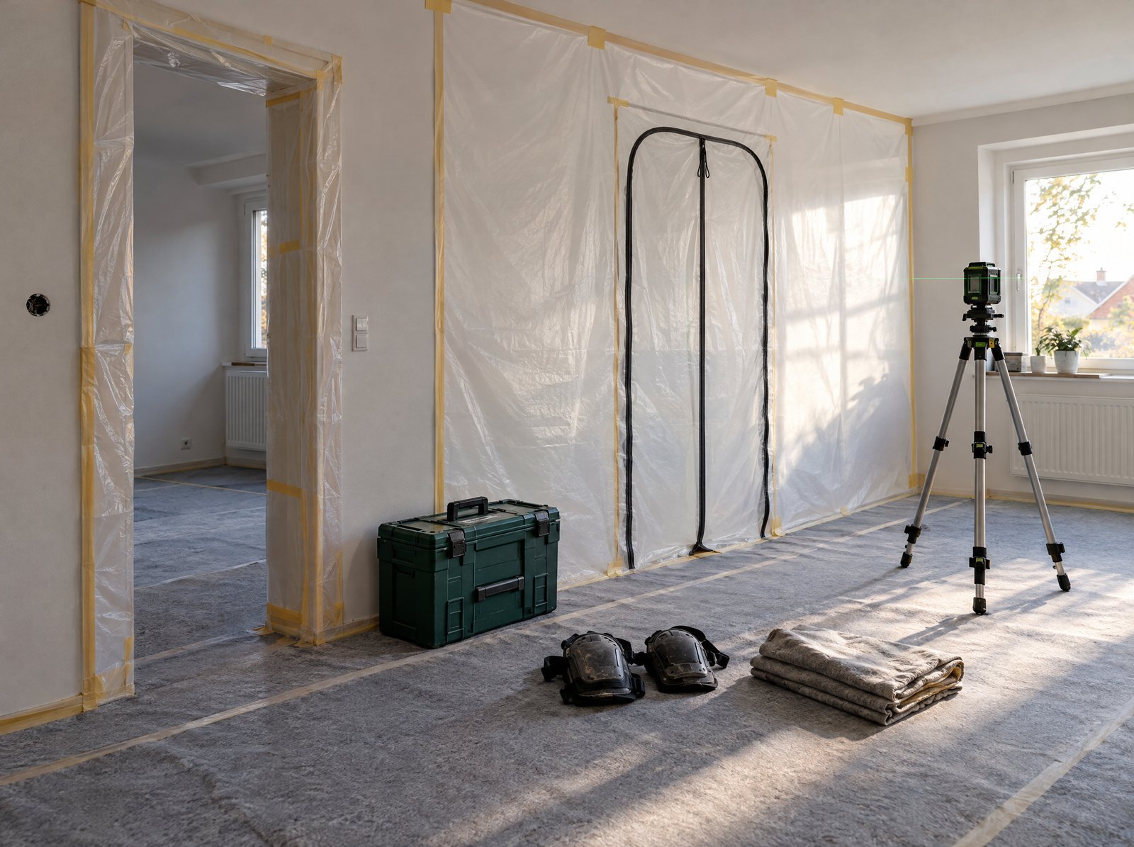 Sauber vorbereitete Baustelle mit Staubschutzwand und abgedecktem Boden